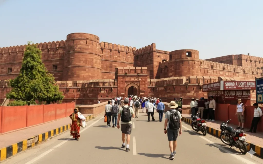 Agra Fort: Explore Mughal Empire History. Agra Fort India red sandstone entrance foreign tourists guide