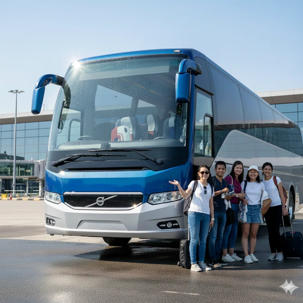 Volvo Bus Tour: Ready for the Great Adventure! Volvo Coach and tourists outside airport showing convenient travel for groups.