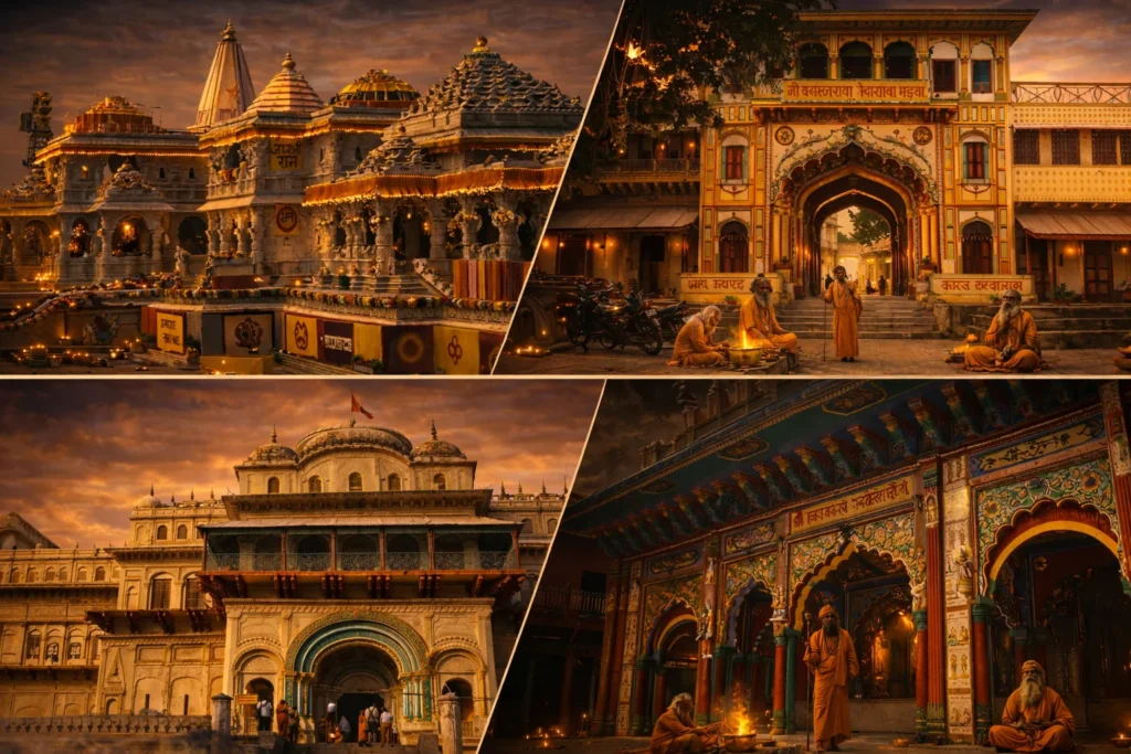 Ram Janmabhoomi Ayodhya Sacred Ensemble Ram Janmabhoomi Ayodhya temples collage depicting sacred pilgrimage architecture heritage