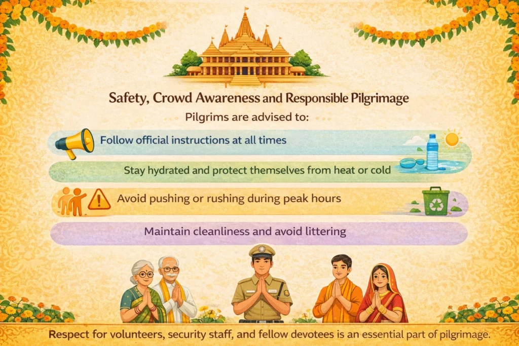 Ayodhya Ram Janmabhoomi Pilgrim Safety Guide Ayodhya ram janmabhoomi safety guidelines infographic for pilgrims and crowd awareness