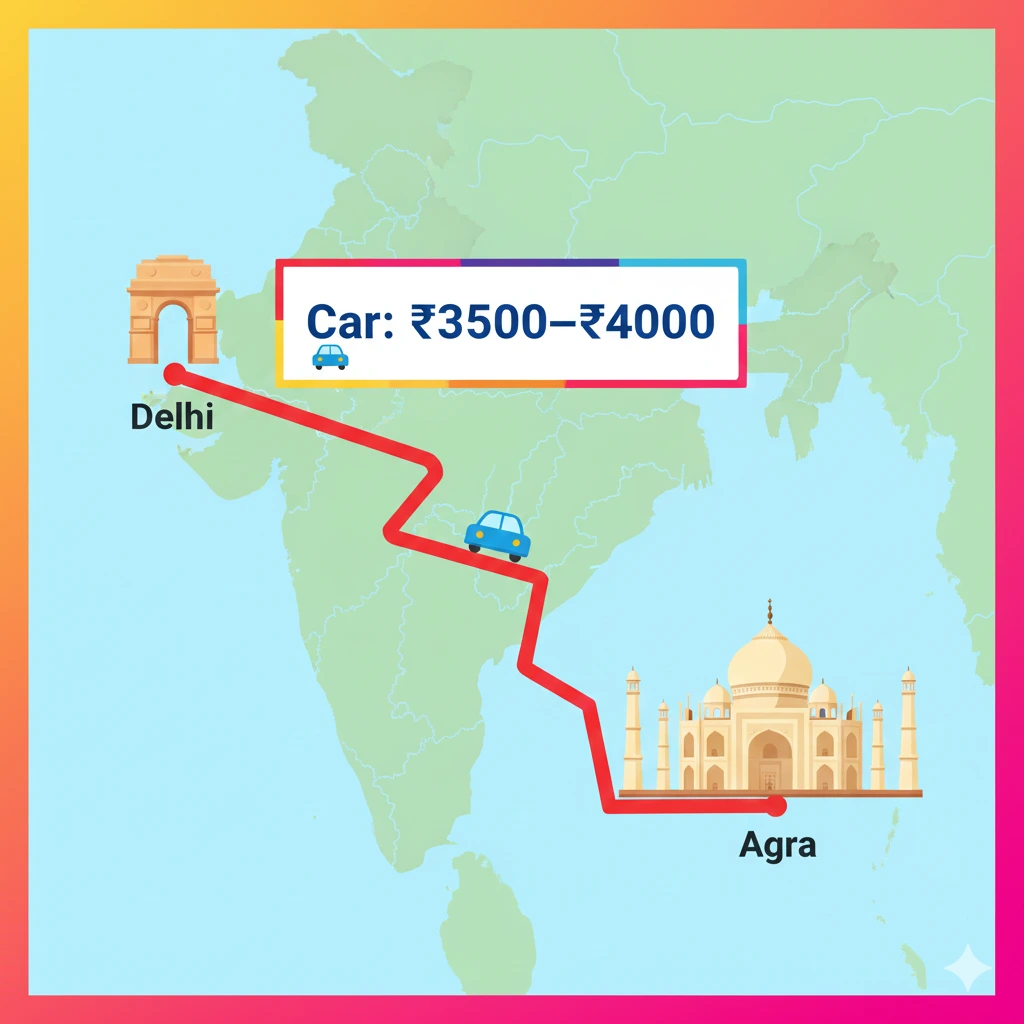 Delhi to Agra: Private Car Cost Delhi Agra car route map cost guide travel blog