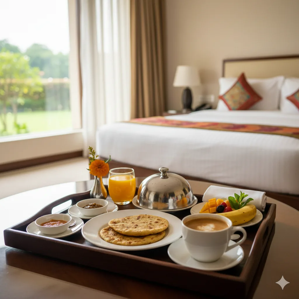 Hotel Stay: Enjoying Room Service Breakfast Hotel room service breakfast paratha fruit coffee luxury guide