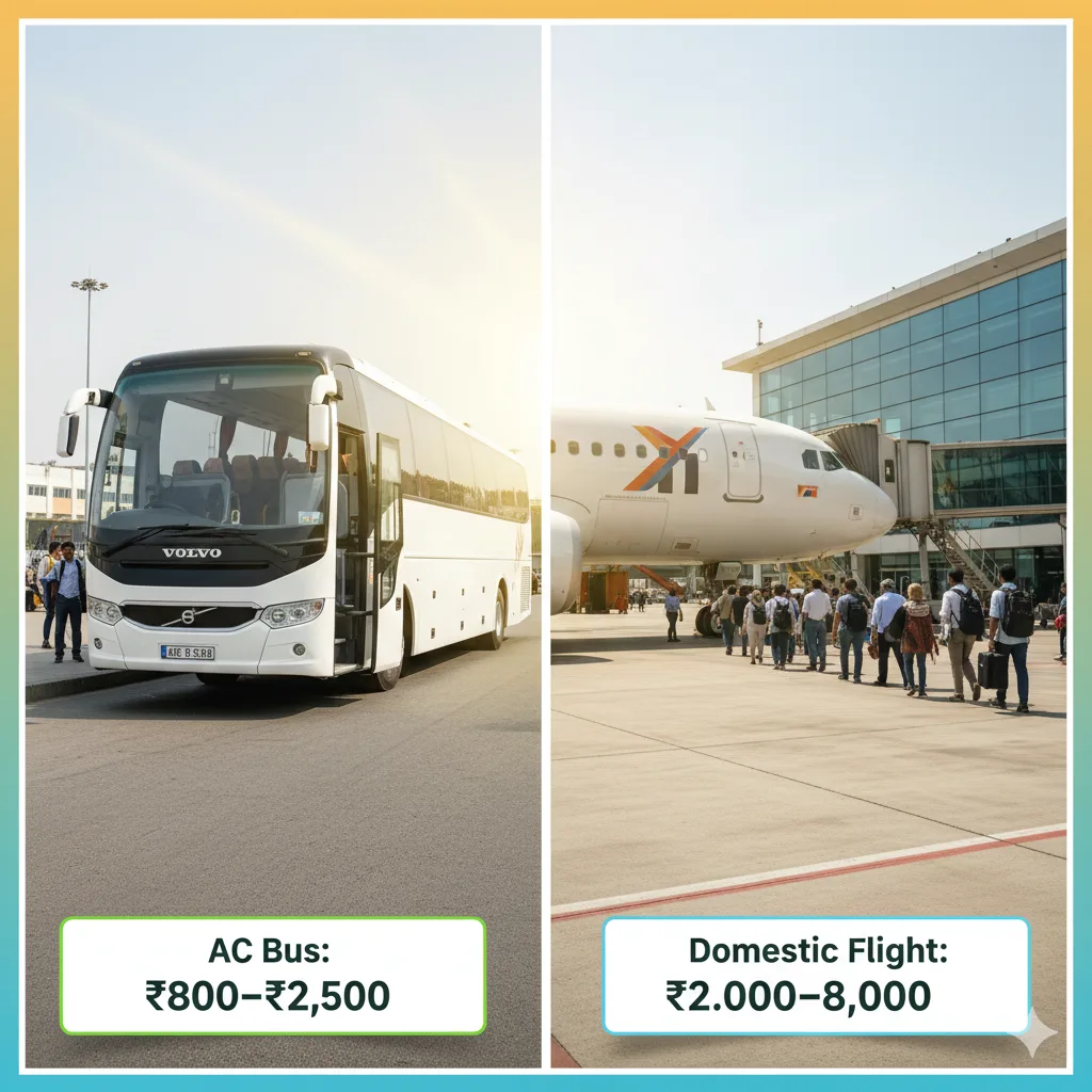 India Travel: Bus vs. Flight Comparison AC Bus Domestic Flight India travel cost comparison guide