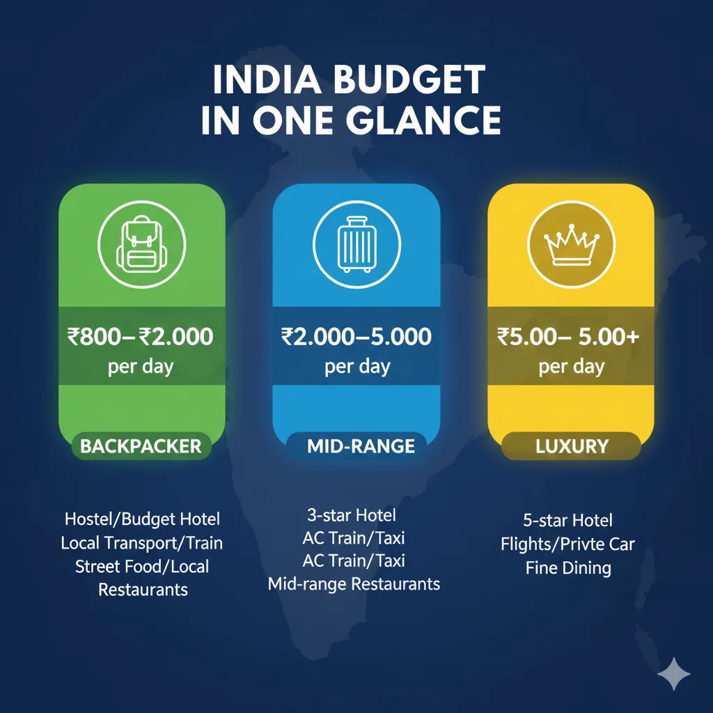 India Budget: Backpacker to Luxury Costs India budget infographic daily cost Backpacker Mid-range Luxury guide