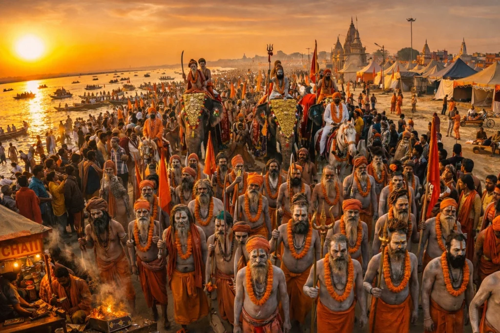 Prayagraj Kumbh Mela: Faith At Sunrise Kumbh mela sunrise procession with naga sadhus at Prayagraj sangam