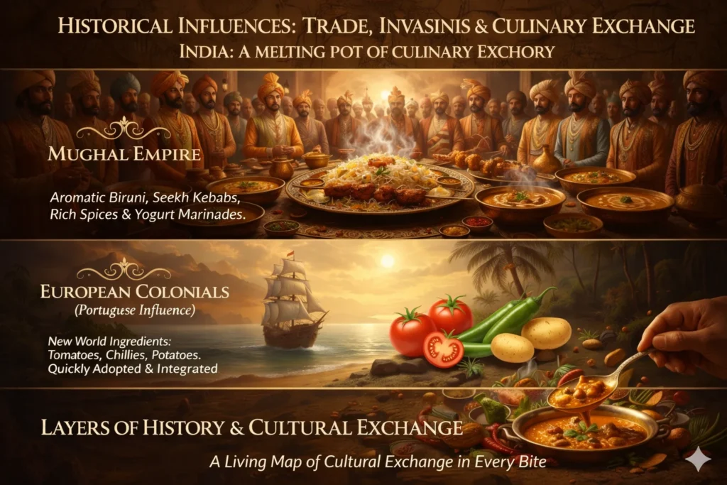 Indian Cuisine Shaped By History Indian cuisine history infographic showing mughal european trade culinary influences