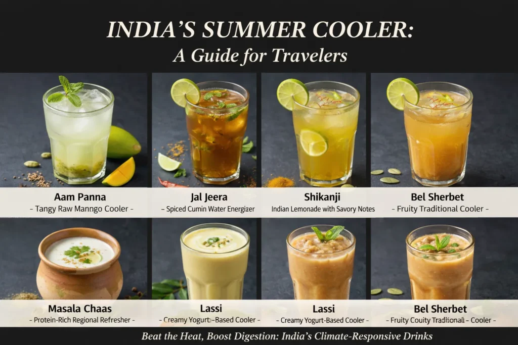 Indian Summer Drinks That Truly Cool Indian summer drinks collage showing aam panna lassi jal jeera