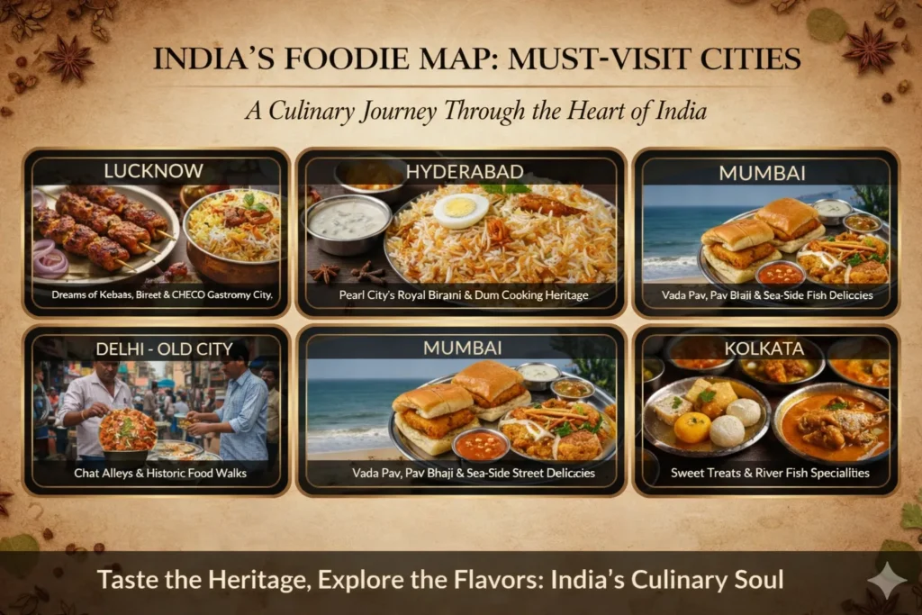 India Foodie Map: Must-Visit Cities India foodie map showcasing Lucknow Hyderabad Delhi Mumbai Kolkata cuisines