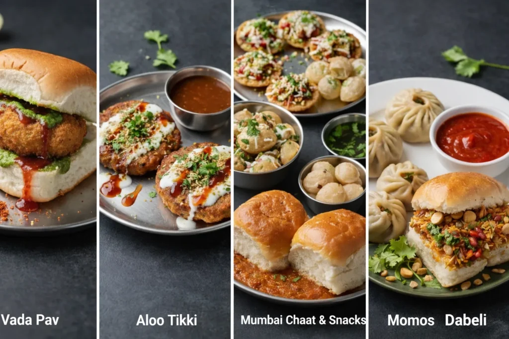 Indian fast Food Flavours You Crave Indian fast food collage showing vada pav, chaat, samosa, momos