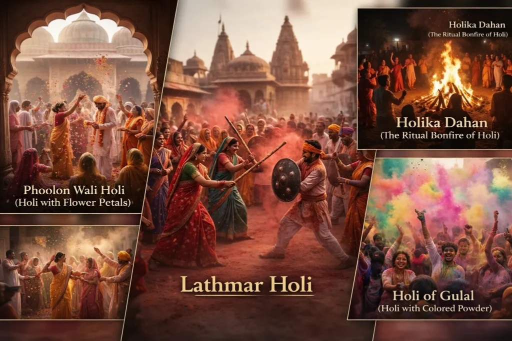 Holi in India: The Vibrant Festival of Colors and Tradition Four types of holi in india including phoolon wali lathmar holika dahan and gulal holi.
