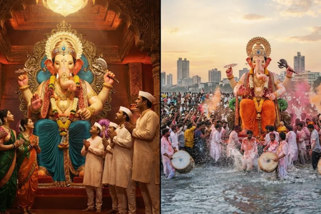 Ganesh Chaturthi Mumbai The Grand Visarjan Spectacle Ganesh chaturthi collage showing idol worship and immersion in mumbai.