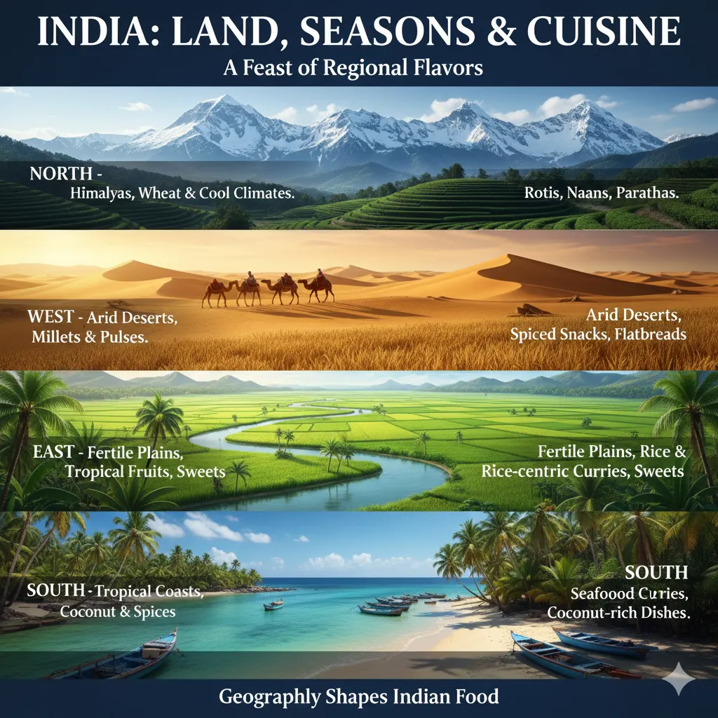 Indian Geography Shapes Regional Cuisine Indian cuisine geography infographic showing regions crops climate food connections