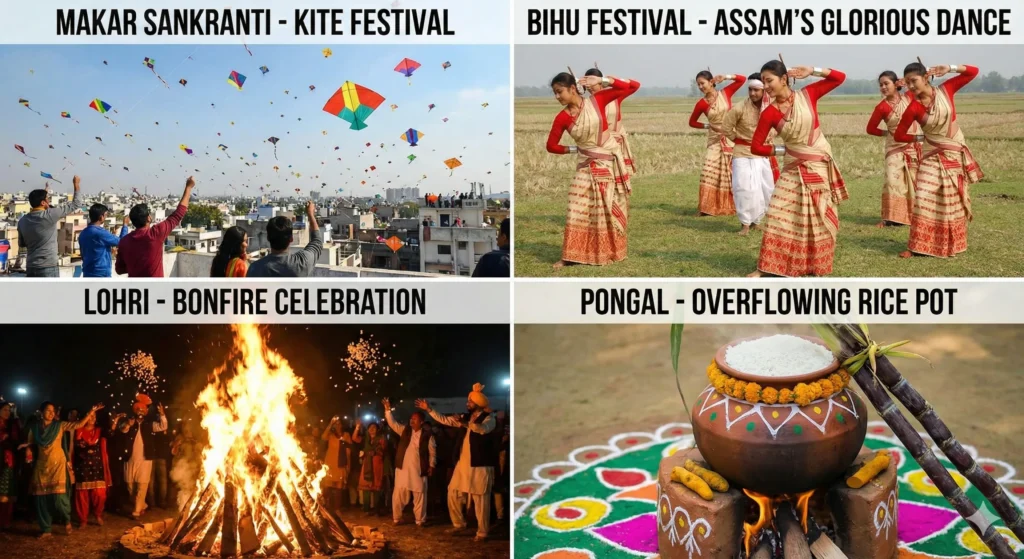 Indian Harvest Festivals Vibrant January Celebrations Guide Indian harvest festivals collage showing kites, dancers, bonfire, and rice.