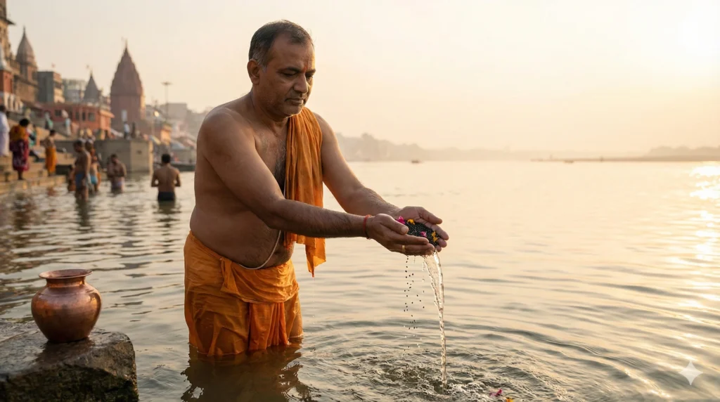 Tarpan Ceremony: Honoring Ancestors With Gratitude Tarpan ritual in ganga man offering water and sesame seeds.