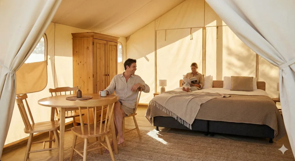 Magh Mela Tent House Luxury Stay Experience luxury magh mela tent house interior with couple relaxing