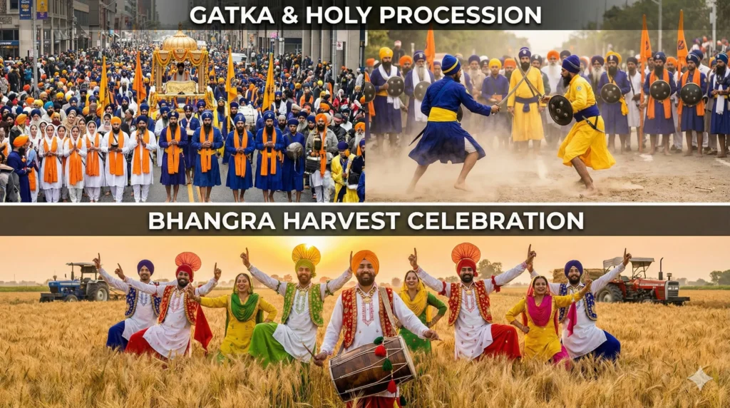 Baisakhi Festival Punjab Vibrant Harvest Celebration Guide Baisakhi festival collage showing holy gatka procession and bhangra dance.