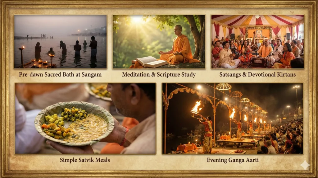 Kalpvasi Daily Routine: A Journey Of Discipline Kalpvasi daily routine collage showing bath meditation meals and aarti.