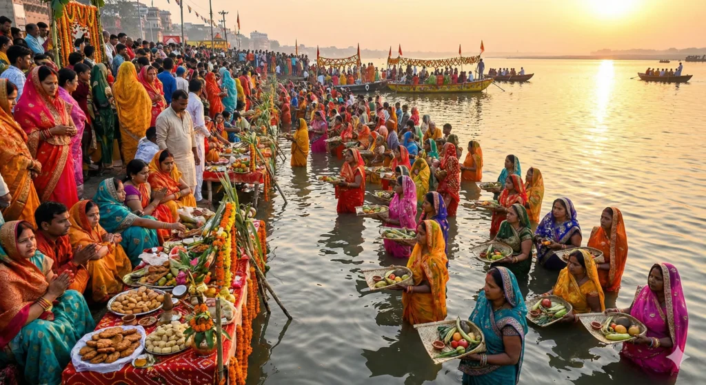 Bihar Chhath Puja Sunrise Devotion Spectacle ihar chhath puja devotees offering prayers at sunrise riverbank.