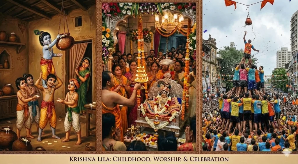Janmashtami Festival From Divine Puja To Dahi Handi Janmashtami collage of krishna childhood temple puja and mumbai dahi handi.