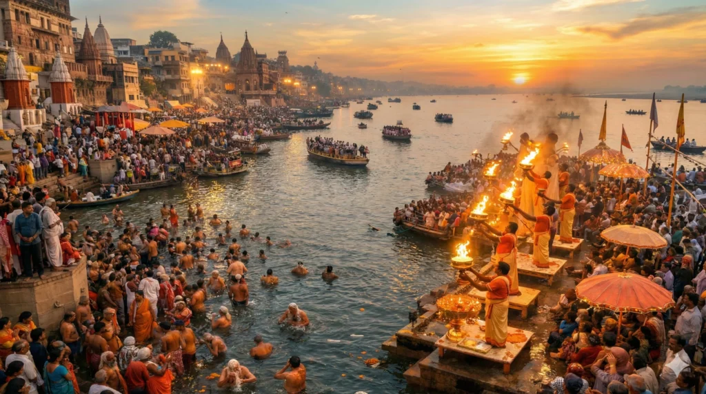 Holy ganga river bathing ritual during kumbh mela festival. Indian Festival Calendar 2026 showing major festivals across India