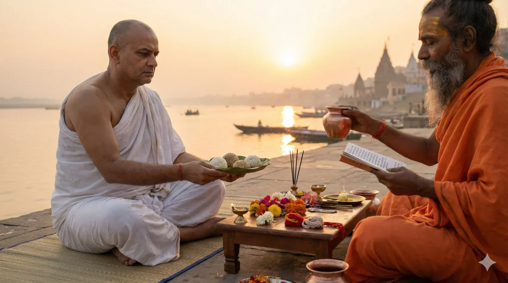 Pind Daan Ceremony: A Solemn Ancestral Offering Pind daan ritual with priest offering rice balls by ganga river.