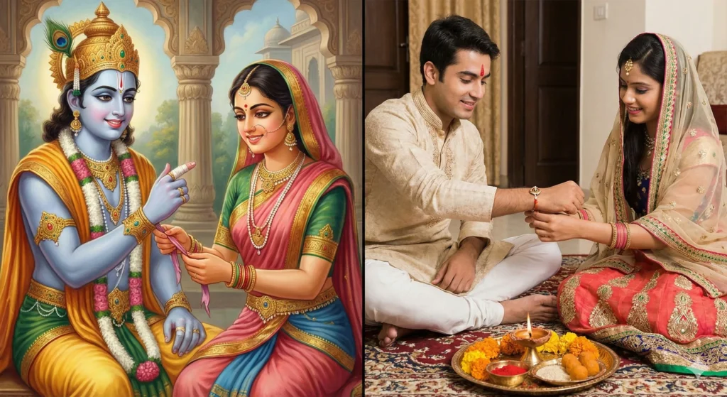 Raksha Bandhan Legend And Joyful Modern Celebration Raksha bandhan collage showing krishna draupadi legend and modern rakhi ceremony.