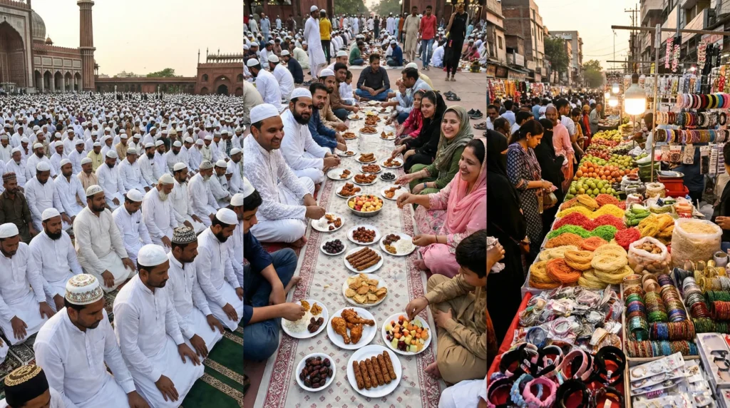 Eid Festival Joyful Prayers Feast And Shopping Eid celebrations showing prayers, family feast, and colorful bustling markets.