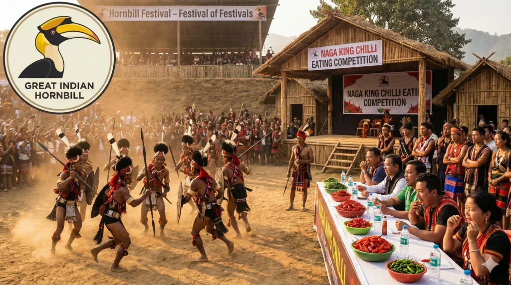 Hornbill Festival Nagaland's Vibrant Cultural Celebration Hornbill festival image with naga warrior dance and chilli competition.