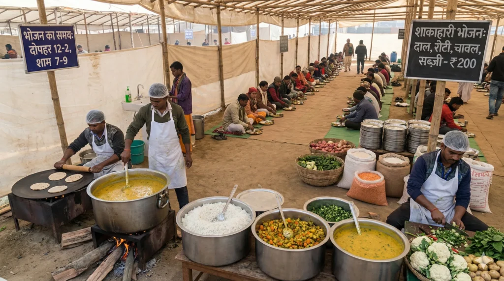 Bustling Magh Mela Camp Kitchen Community Meal magh mela camp cooking showing large pots and communal eating under tent structure.