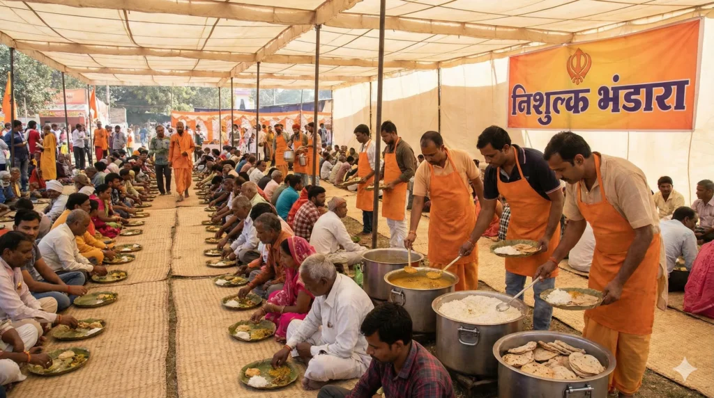 Magh Mela Bhandara Free Community Kitchen Experience magh mela bhandara volunteers serving free food to seated pilgrims