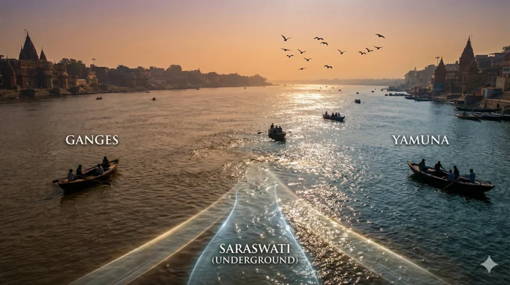 Triveni Sangam Where Rivers Unite Prayagraj travel guide sangam aerial viewshowing ganga yamuna saraswati confluence