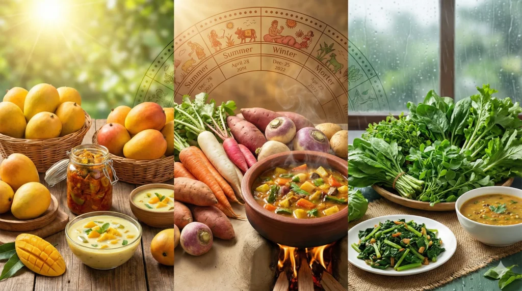 Indian Seasonal Food And Ancient Agricultural Wisdom Indian seasonal food collage showing summer mangoes winter roots and greens.