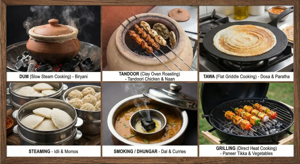 Traditional Indian Cooking Techniques And Authentic Flavors Indian cooking techniques collage displaying dum tandoor tawa and dhungar methods.