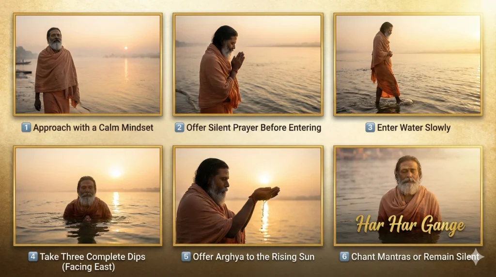 Magh Snan Ritual: The Authentic Method Guide Authentic magh snan ritual guide showing six steps in holy sangam