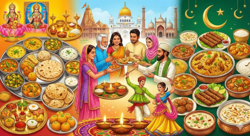 Complete Guide To Indian Cuisine And Regional Flavors Indian cuisine flat lay spread with biryani dosa thali and sweets.
