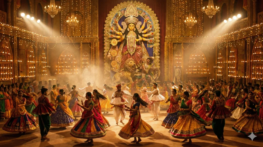 Navratri Garba Vibrant Dance Of Devotion And Joy Navratri festival garba dance in decorated pandal before goddess durga.