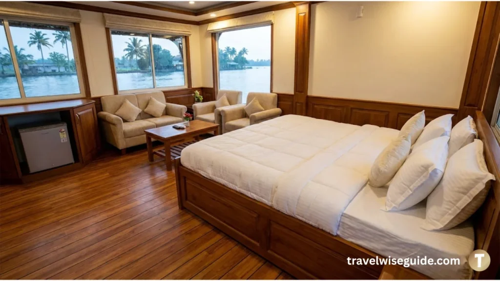 Deluxe Houseboat Bedroom With Premium Amenities Deluxe houseboat bedroom with wooden flooring and cushioned furniture area