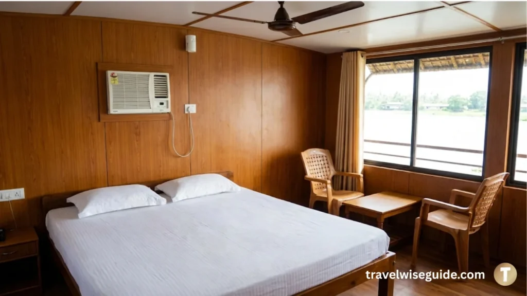 Standard Kerala Houseboat Bedroom With Cozy Interior Standard houseboat bedroom with wood paneling and air conditioning.
