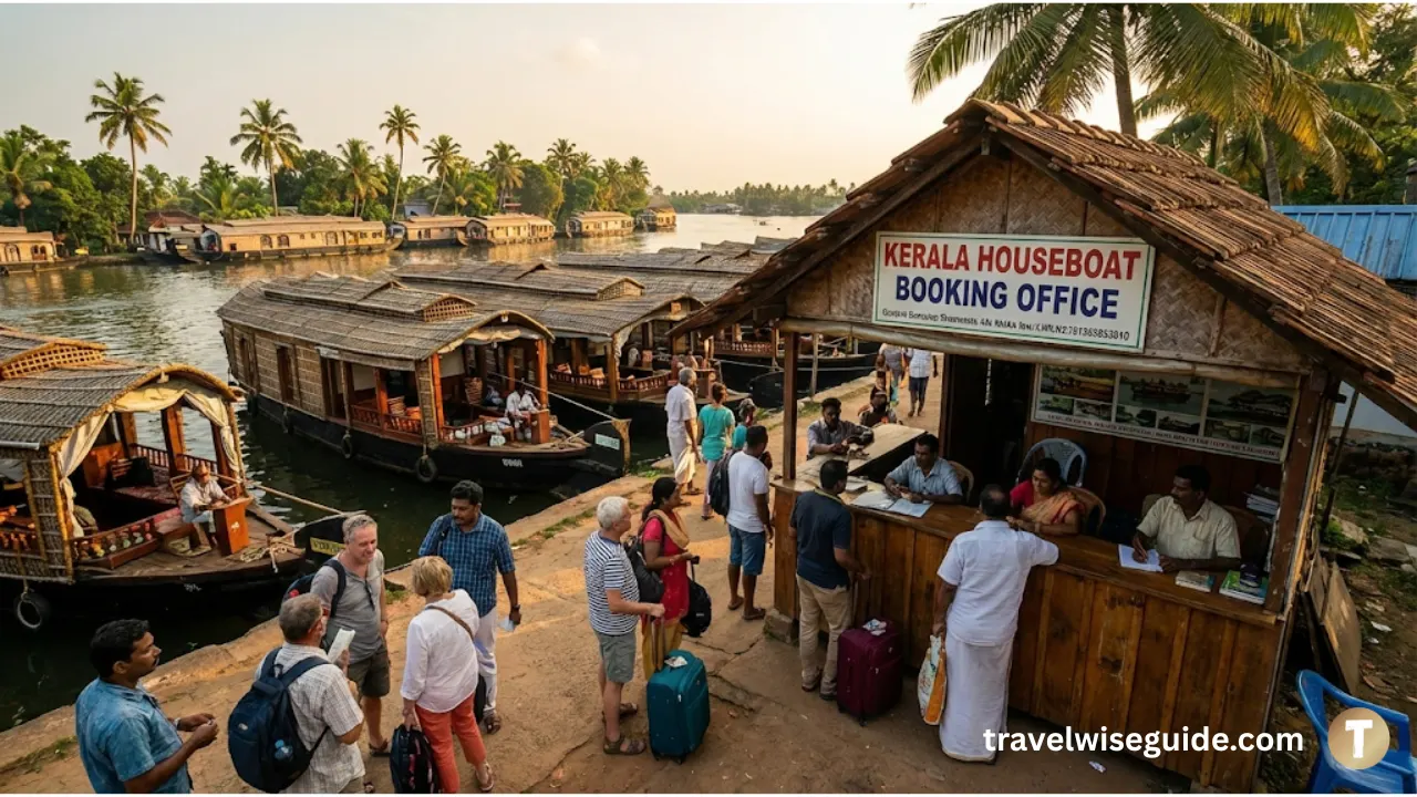 Kerala Houseboat Booking Office And Backwaters Travelers at Kerala houseboat booking office with many houseboats moored nearby.