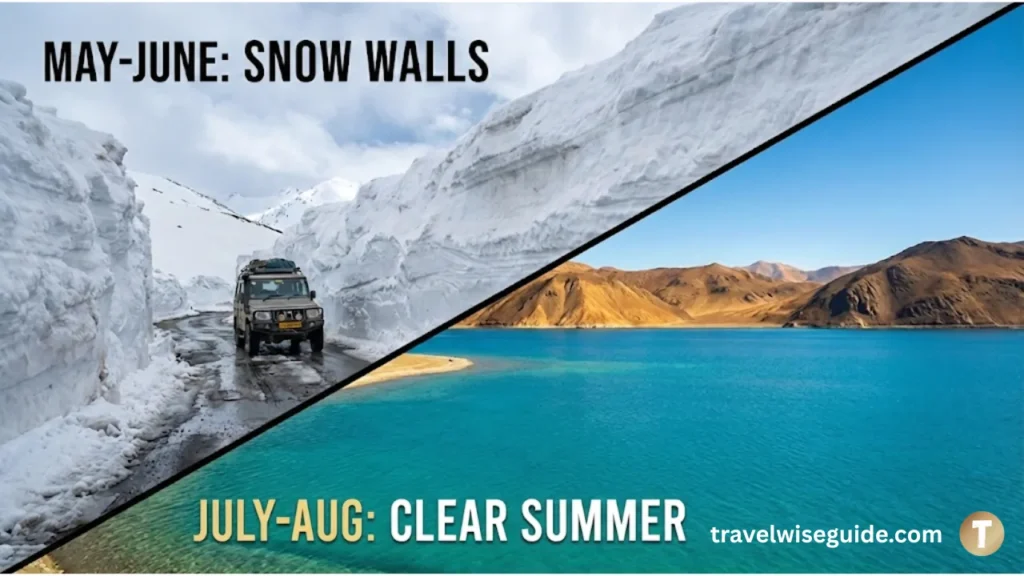 Best Time To Visit Ladakh: Snow Walls Vs Clear Summer Ladakh best time to visit comparing May-June snow walls and July-August clear summer weather.