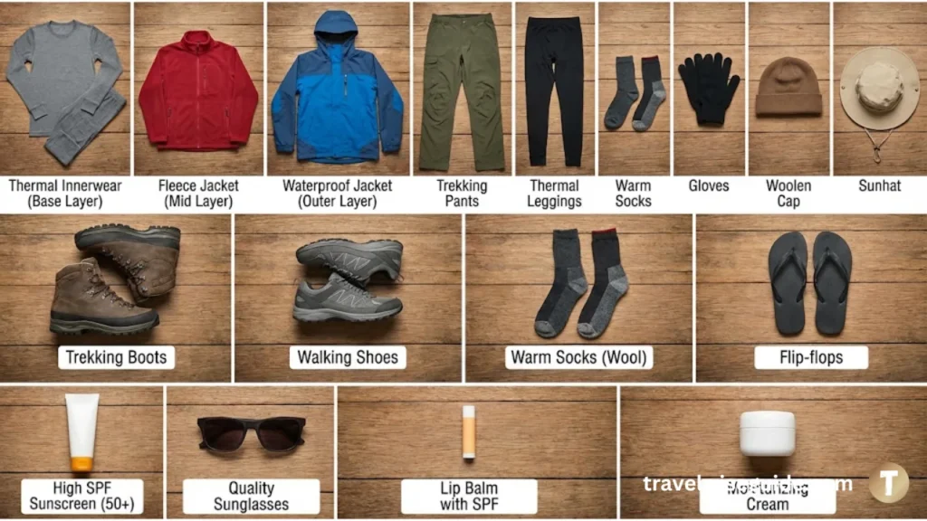 Ultimate Ladakh Packing List: Essential Winter Wear & Gadgets Ladakh packing list showing essential clothing footwear and protection gear for winter and summer travel.