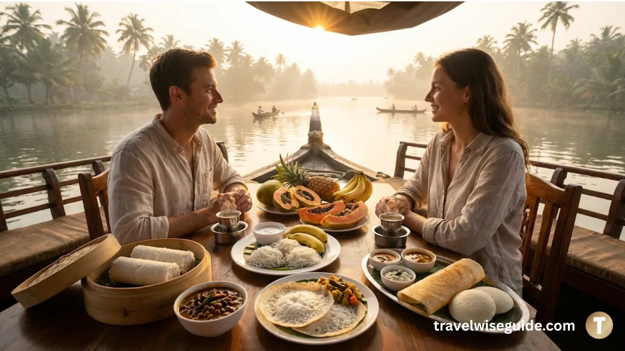 Kerala Houseboat Breakfast Authentic Morning Feast Kerala houseboat breakfast spread with puttu and idiyappam for tourists.