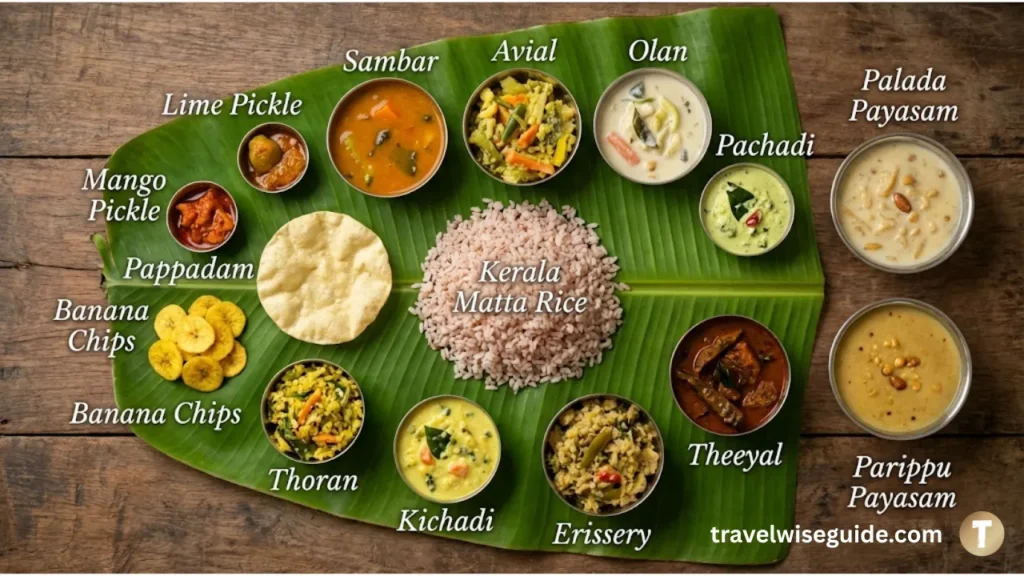 Kerala Sadya The Ultimate Vegetarian Feast Labeled traditional sadya on banana leaf for kerala houseboat menu.