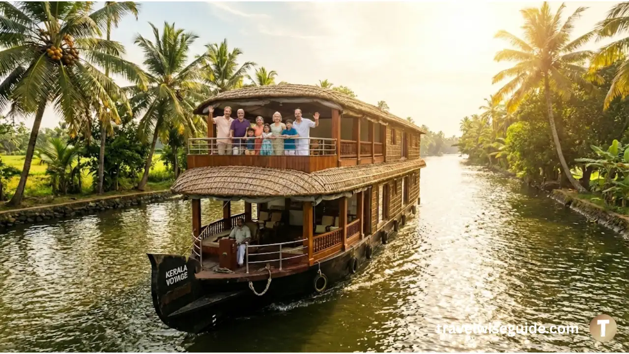 Kerala Houseboat Luxury Family Holiday Vibe Kerala luxury houseboat with foreigner family enjoying sunny backwater cruise.