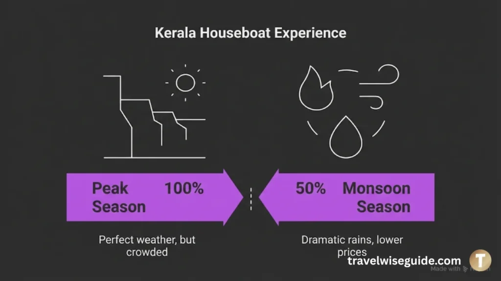 Kerala Houseboat Season Guide Price And Weather Kerala houseboat experience comparison infographic showing peak season versus monsoon season.