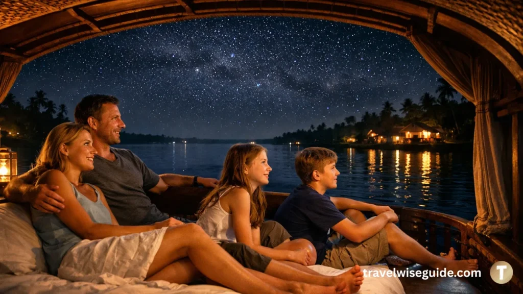 Kerala Houseboat Night Stay Experience Serenity Unfolds Kerala houseboat night stay experience with foreigner family enjoying silent starlit backwaters