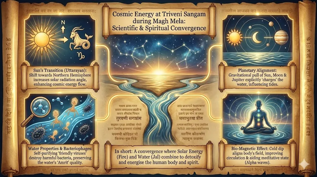 Magh Mela Prayagraj: Scientific Secrets Of Holy Dip Magh mela prayagraj infographic explaining cosmic energy and scientific significanc