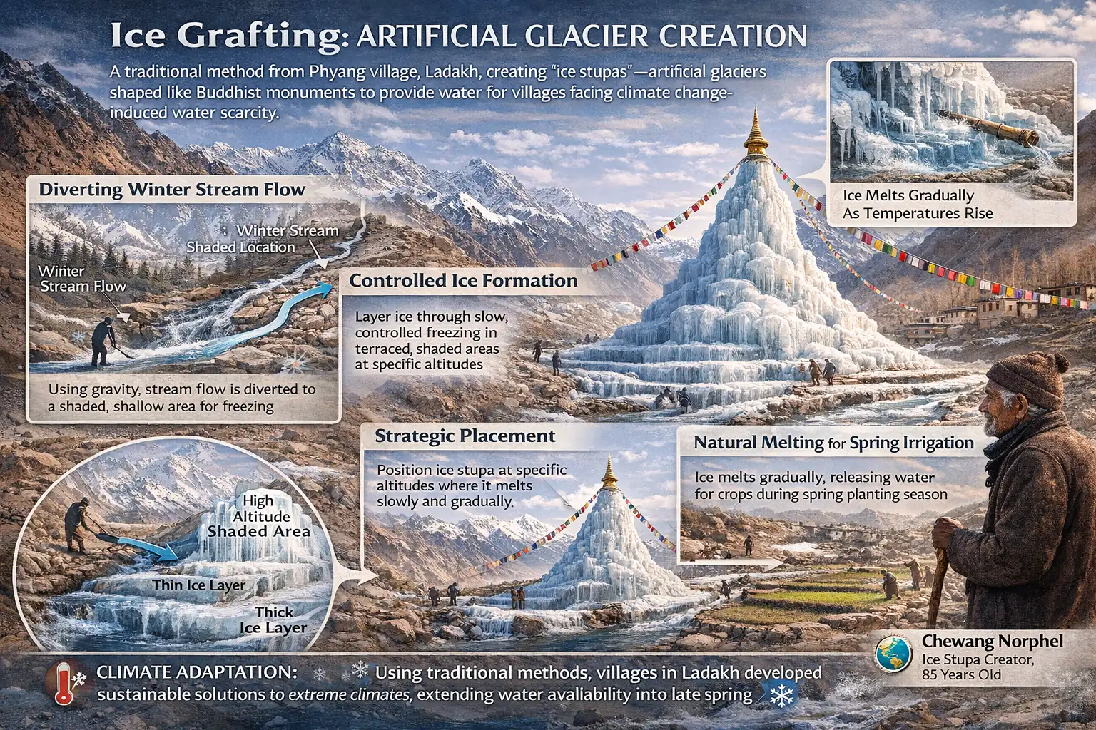 Ice Grafting: Himalayan Water Hope Ice grafting stupa layers showing diverted streams in Ladakh village