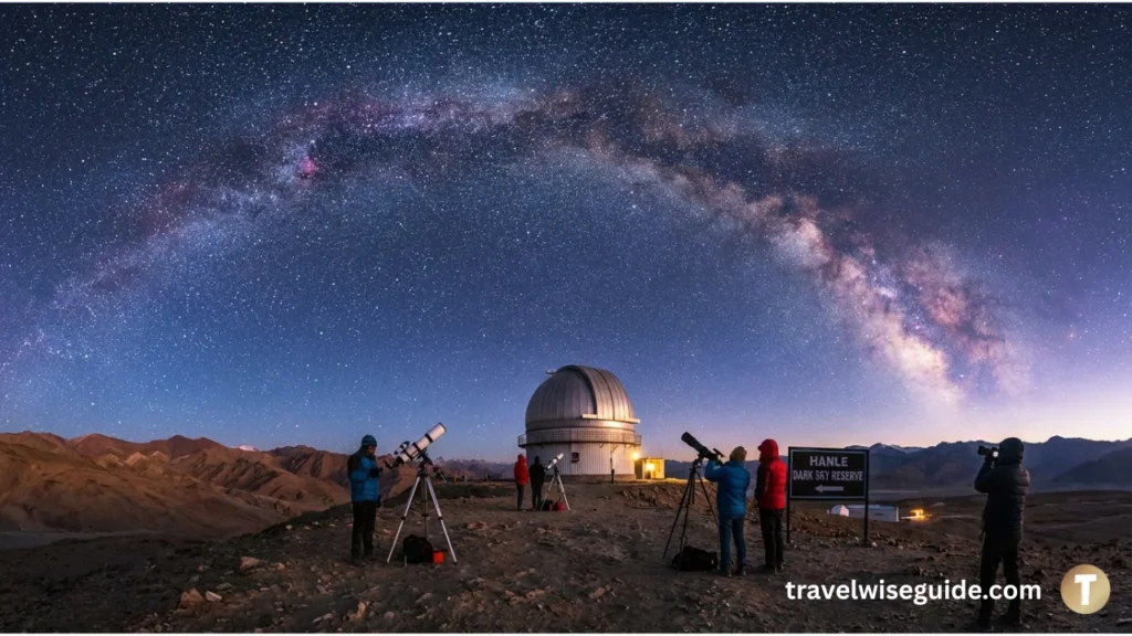 Hanle Observatory: A Gateway To The Infinite Cosmos Hanle observatory milky way arch above stargazers in dark sky.