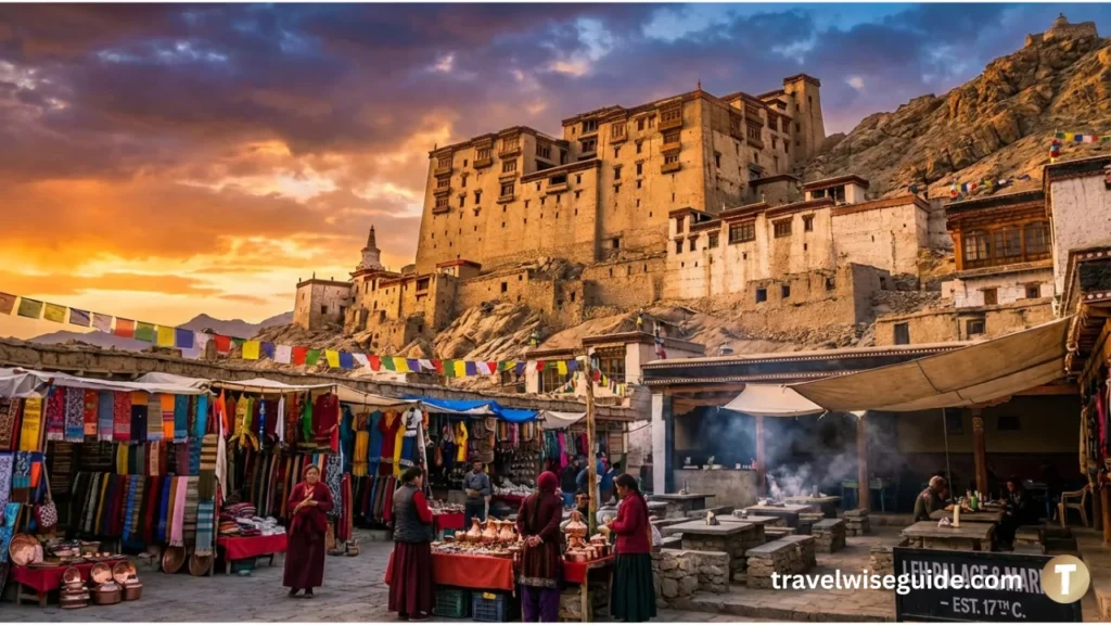 Leh Palace Majestic Sunset Over Vibrant Old City Market Leh Palace overlooking local Tibetan market for Ladakh heritage guide.